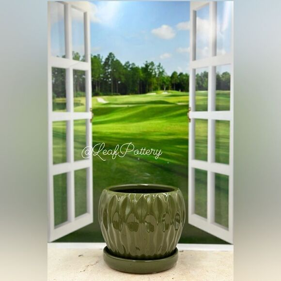 Applelicious Green (SM)  Ceramic Planter Pot with Saucer Attached - Picture 2 of 9